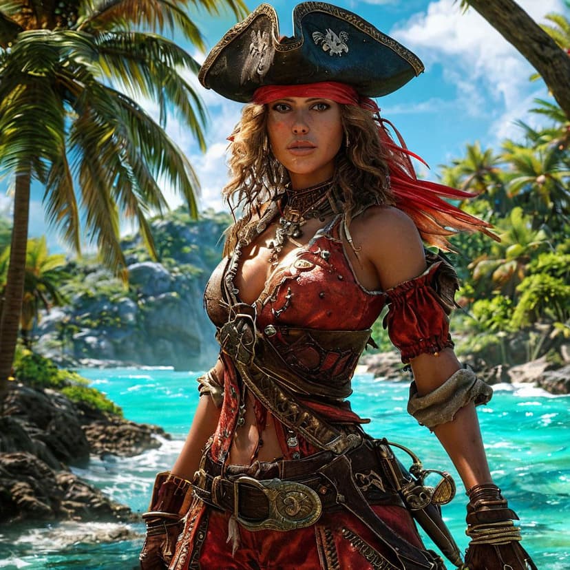 A fierce female pirate strikes a dynamic pose on a tropical island
