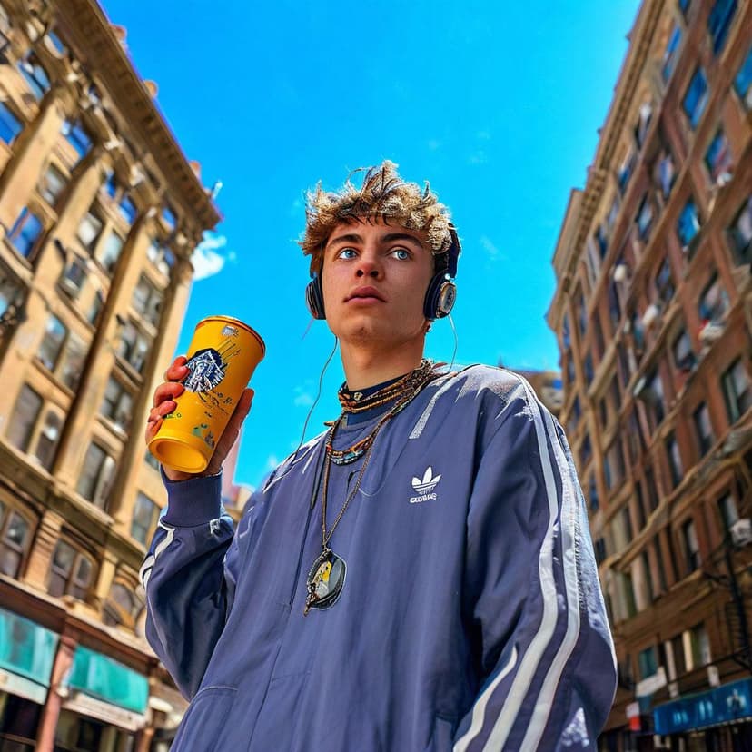 A stylish young man in Adidas streetwear stands confidently on a city street