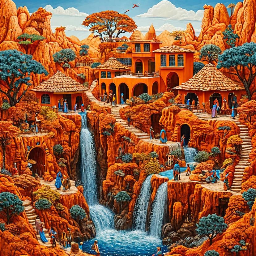 A miniature African village nestles in an orange dreamscape