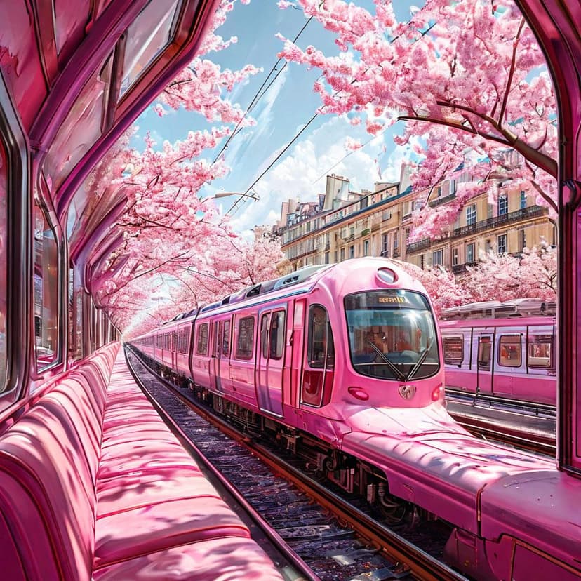 A pastel train curves past Paris