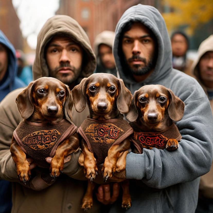 Gritty 2000s rap shot: angry chocolate dachshunds in “EAT CATS” hoodies glare