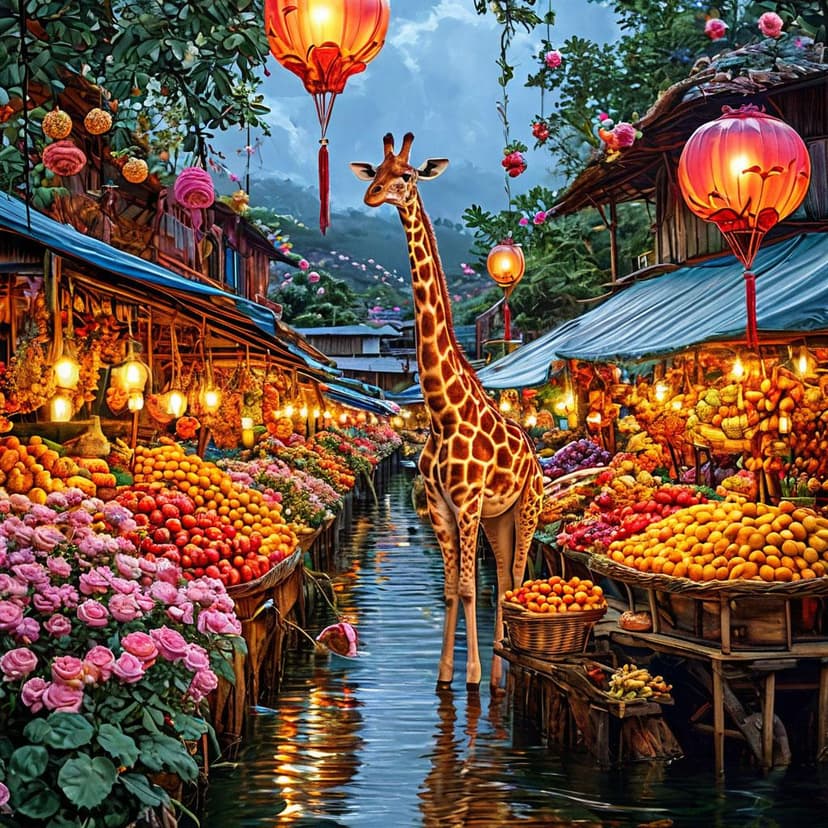 A giraffe woven from roses browses a floating market