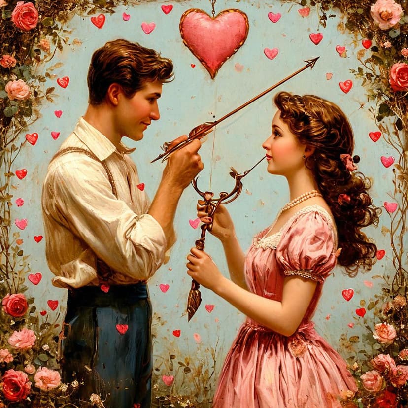 A vintage Valentine’s tableau: a couple gazes lovingly as Cupid takes aim