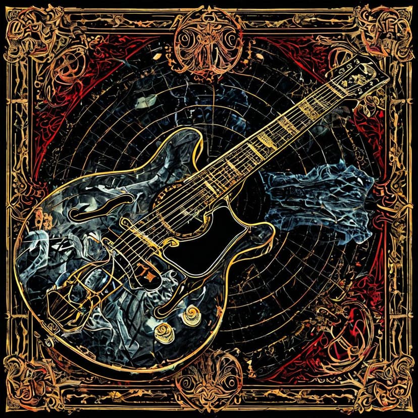 ODIOUS BLOT” X-Ray Guitar – A chaotic Art Nouveau poster revealing the instrument’s skeletal melody in translucent