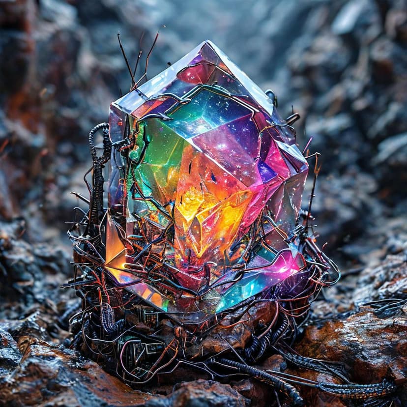 A surreal collage of a glowing rainbow crystal cradling an embryonic microchip