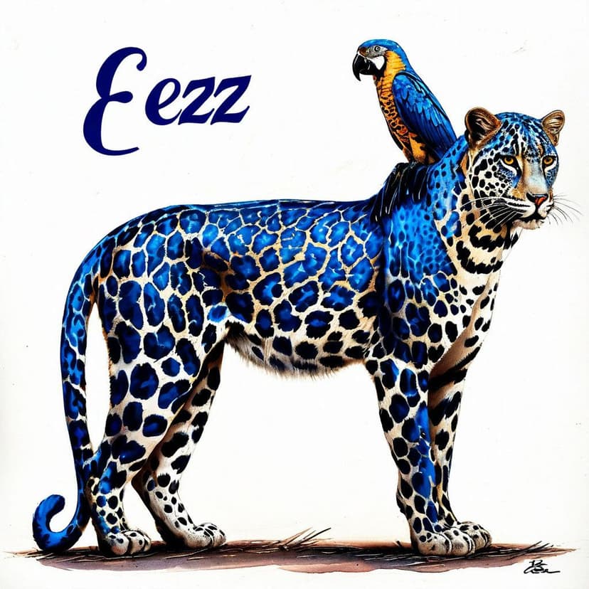 A royal blue leopard with white spots stands alert