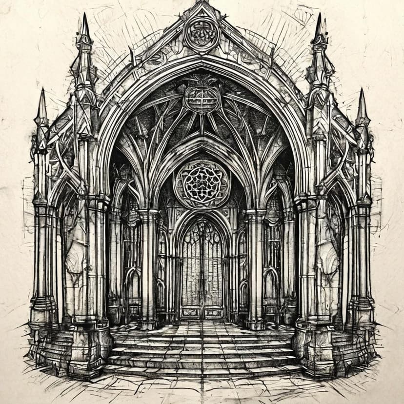 Gothic arches and sacred geometry rendered in stark tattoo flash