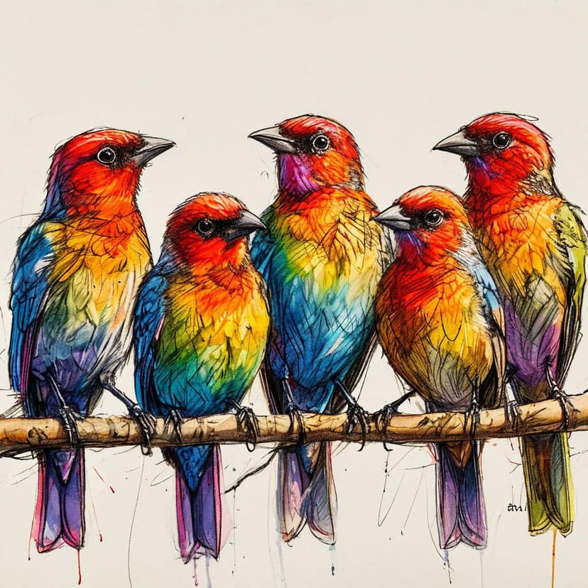 A chaotic sketch of rainbow-feathered birds