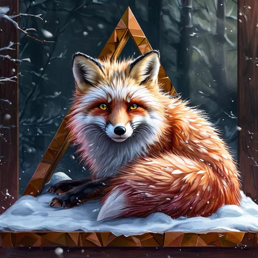 A vibrant snow fox rests on a geometric triangle