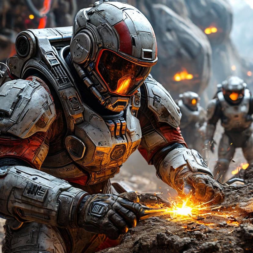 A male engineer in a dusty spacesuit urgently welds a breach as alien forces close in