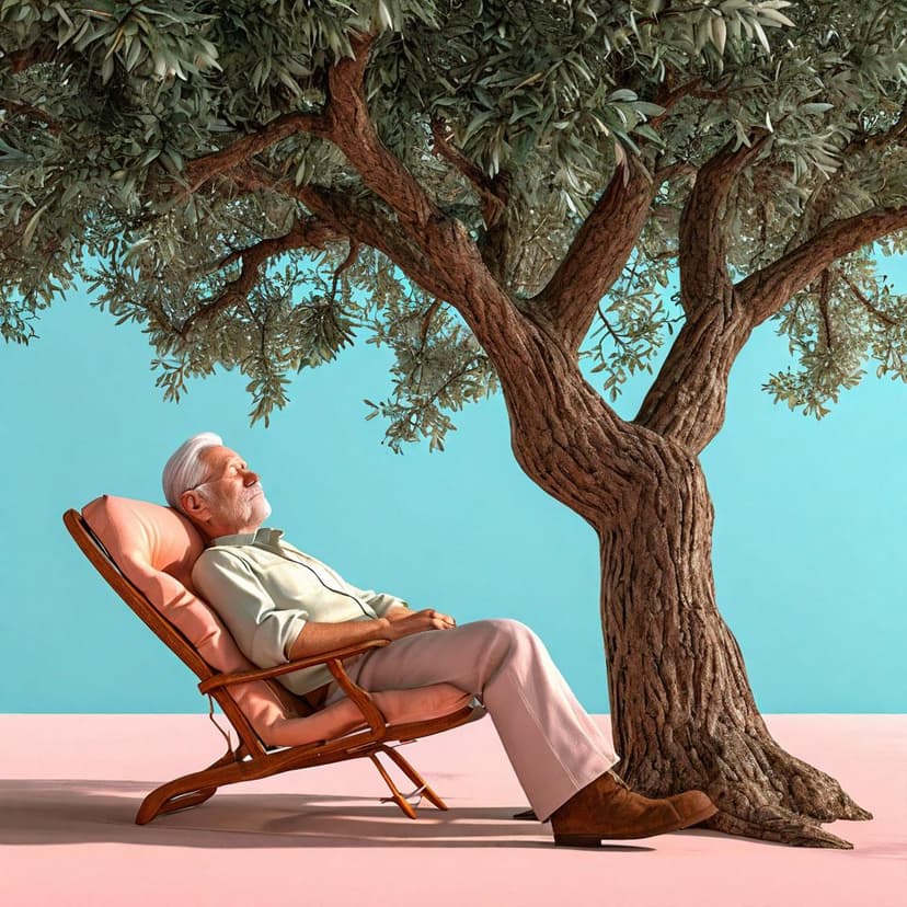 A retired man naps in a pastel chair beneath a tree