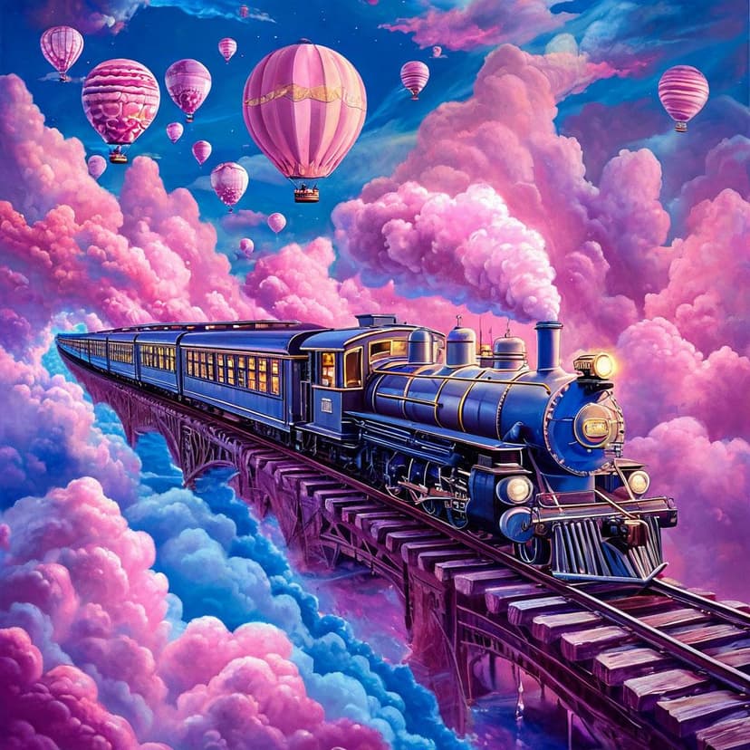 A sleek silver train floats through pink-tinged clouds and past drifting balloons
