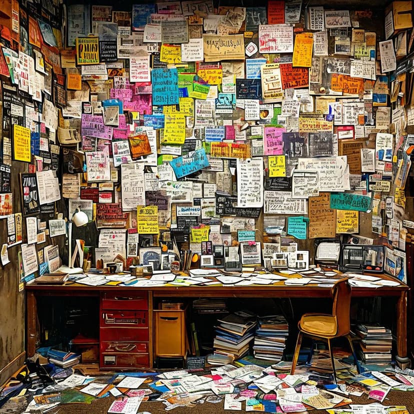 A vibrant whirlwind of handwritten notes and motivational phrases engulfs the office in chaotic inspiration