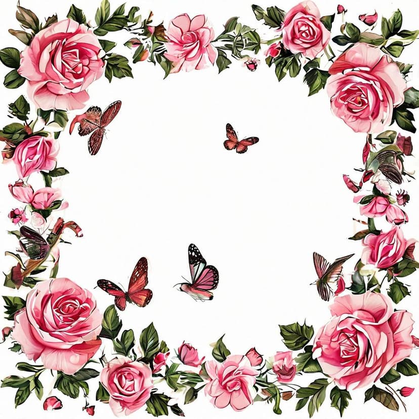 A delicate pink rose garland with birds and butterflies in a romantic sticker style