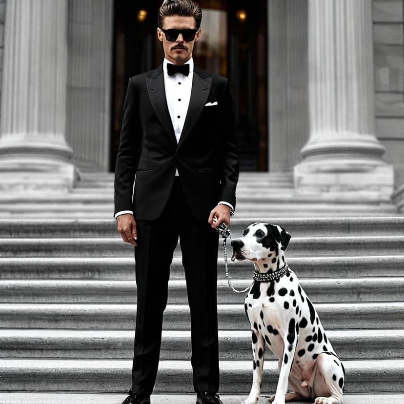 A model in a sleek tuxedo poses on the MET steps