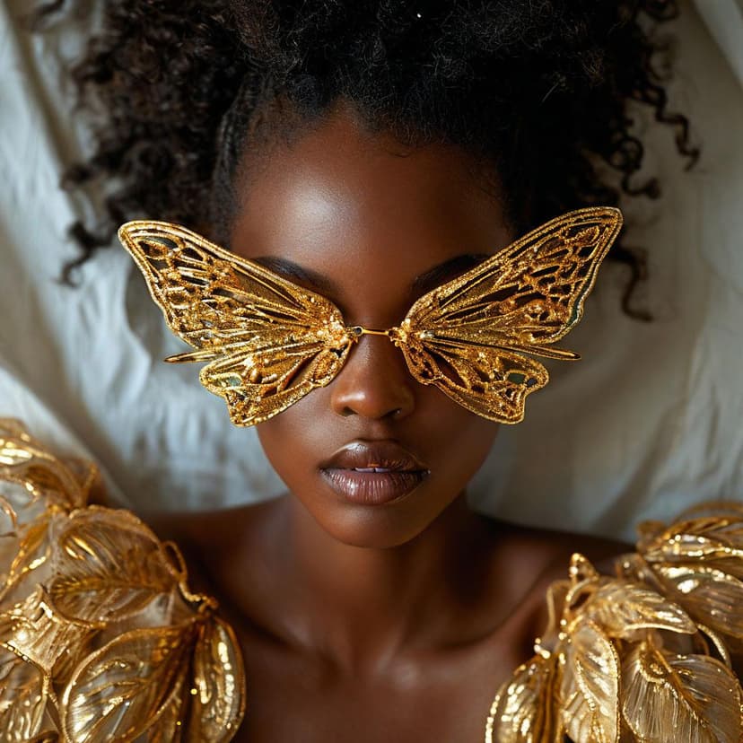 A black woman in a soft-lit studio wears futuristic gold butterfly glasses