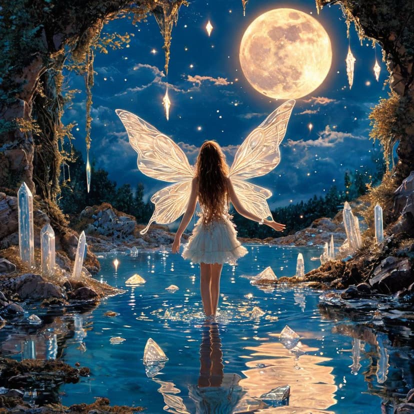 A VHS haze captures a fairy scattering luminous crystals beneath the moon