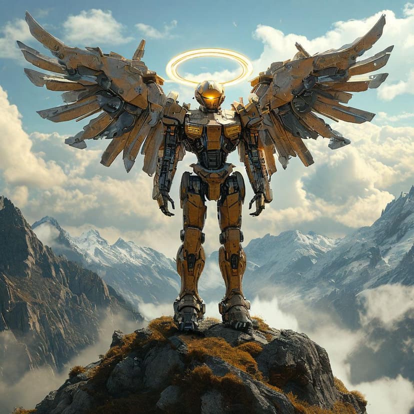 An angelic robot prays atop Mount Cutlass