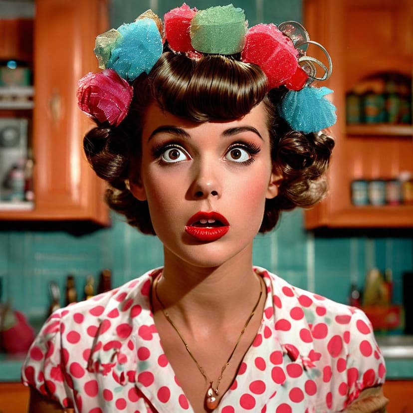 A 1960s housewife in curlers shrieks in wide-eyed