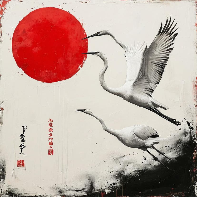 A bold red sun and two white cranes soar in minimalist flight