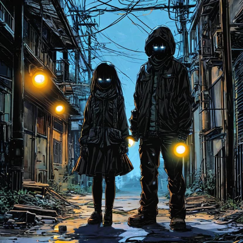 Two shadowy figures with glowing eyes and flashlights peer out