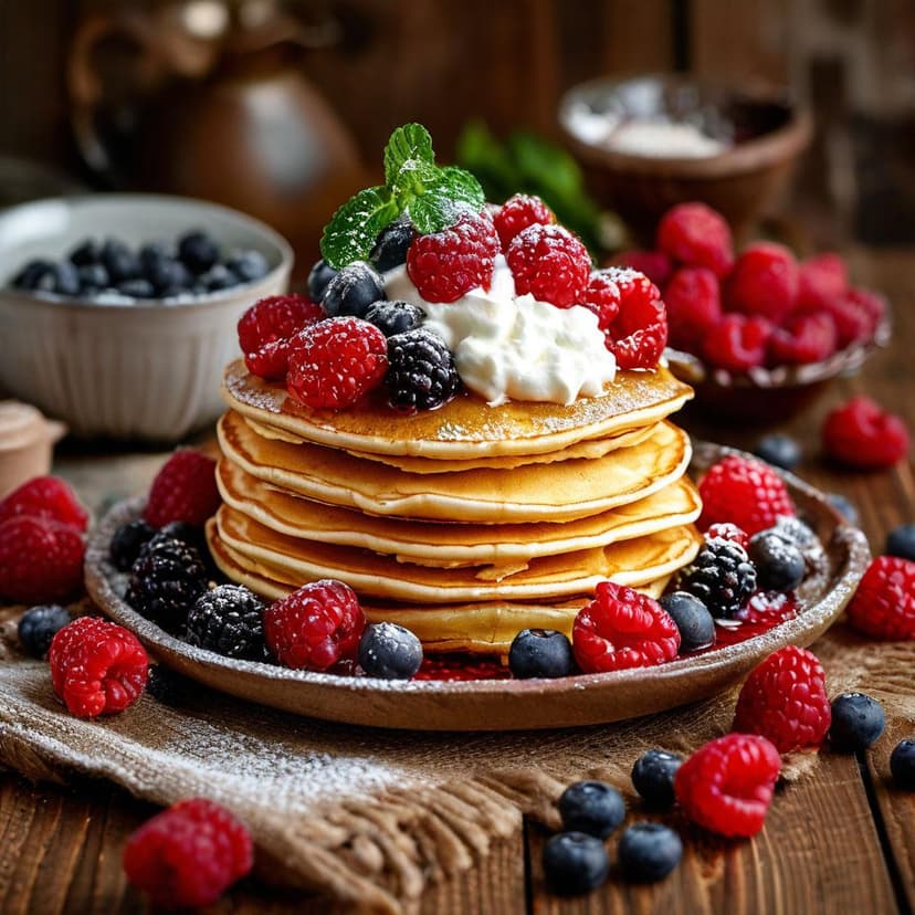 Golden pancakes piled high with berries and cream