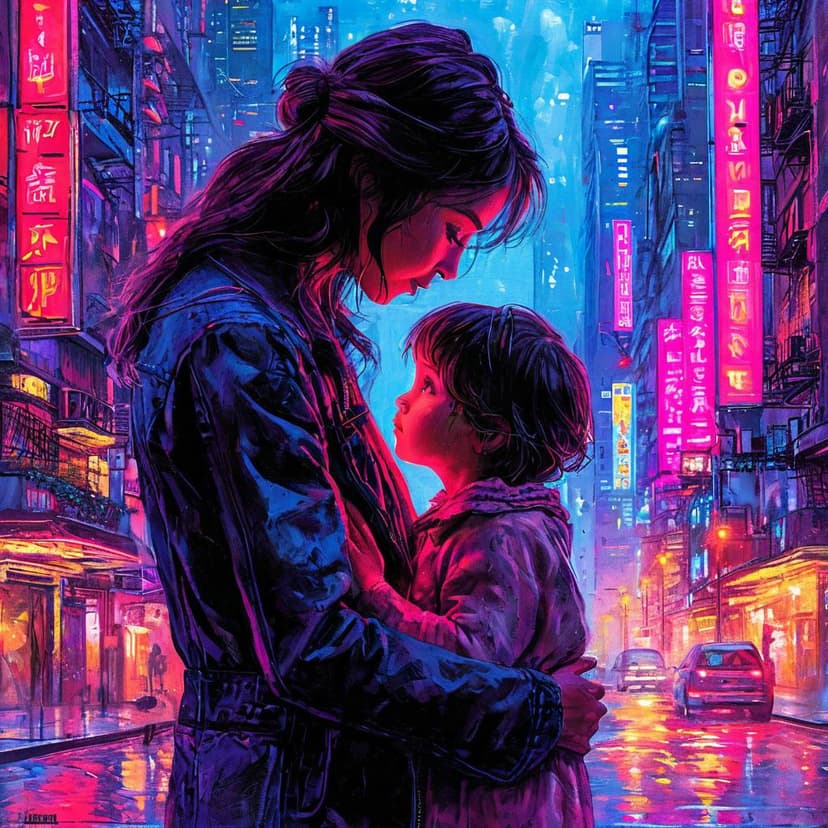 A neon-lit mother and child