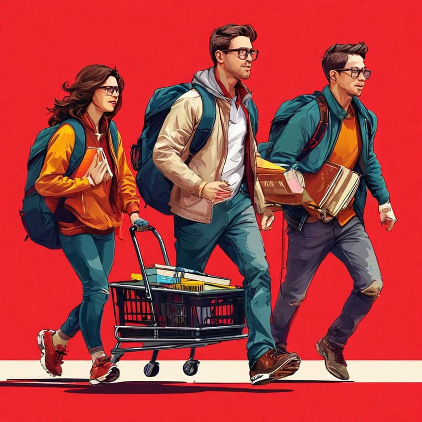 Three people sprint with a loaded cart in a flat vector style. Two wear backpacks; a man holds books