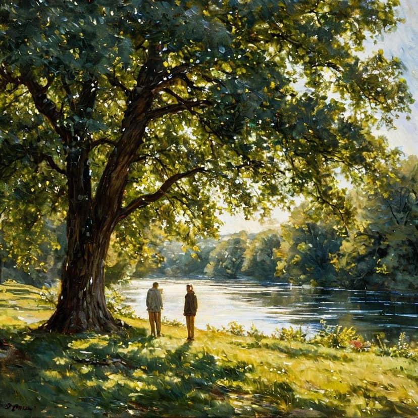 A towering green tree shades two figures on sunlit grass near a shimmering river
