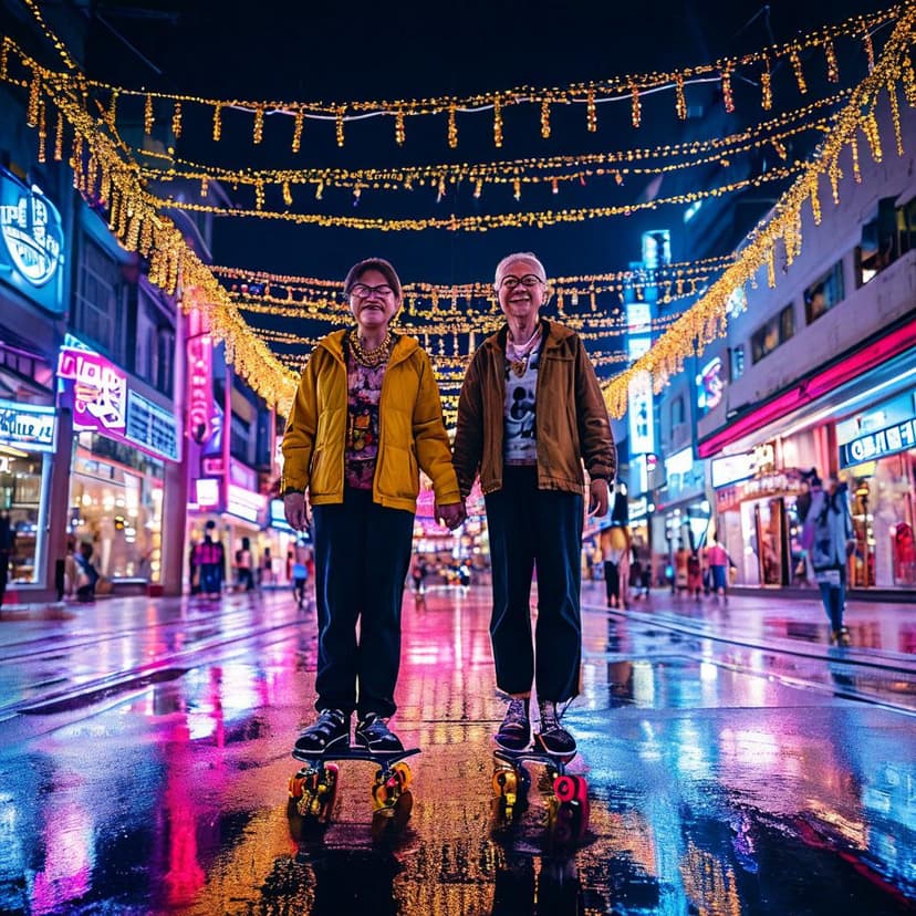 An elderly Chinese couple skate through neon-lit Singapore