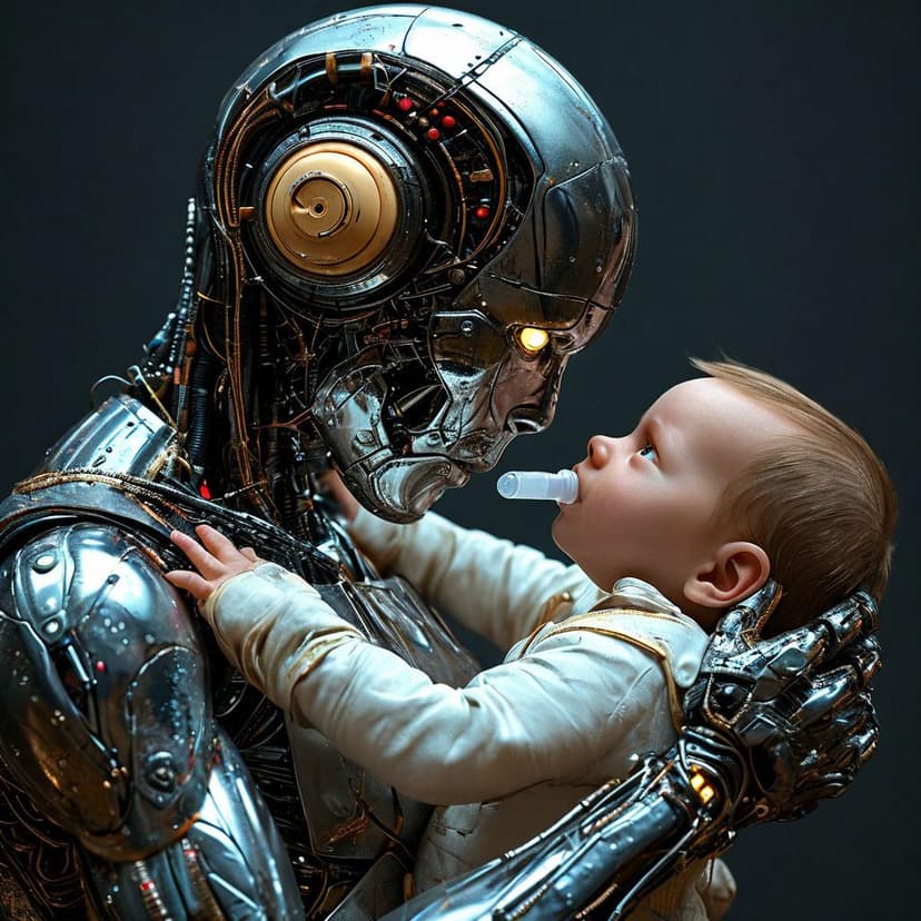 Un androïde aux traits doux donne un biberon à un nourrisson