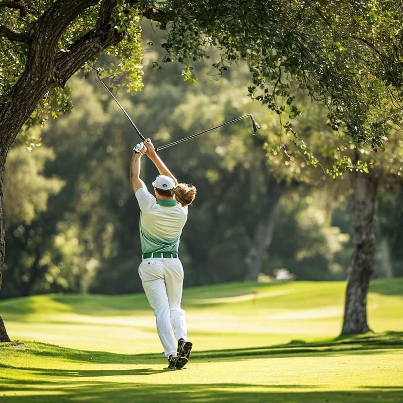A golfer in white and green swings gracefully on a sun-dappled course