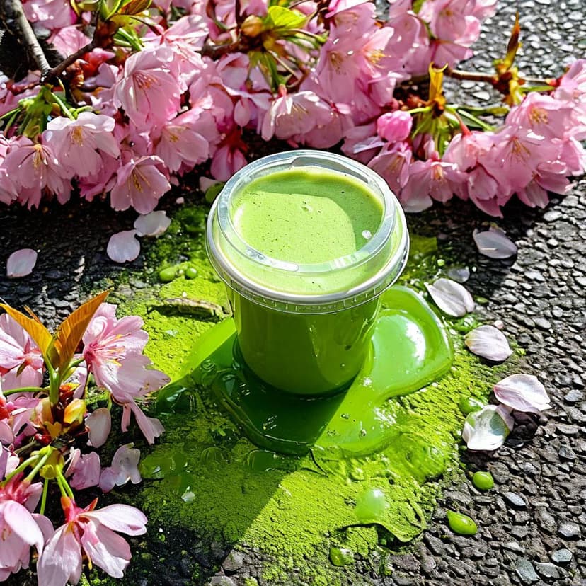 A spilled iced matcha latte on a Tokyo street