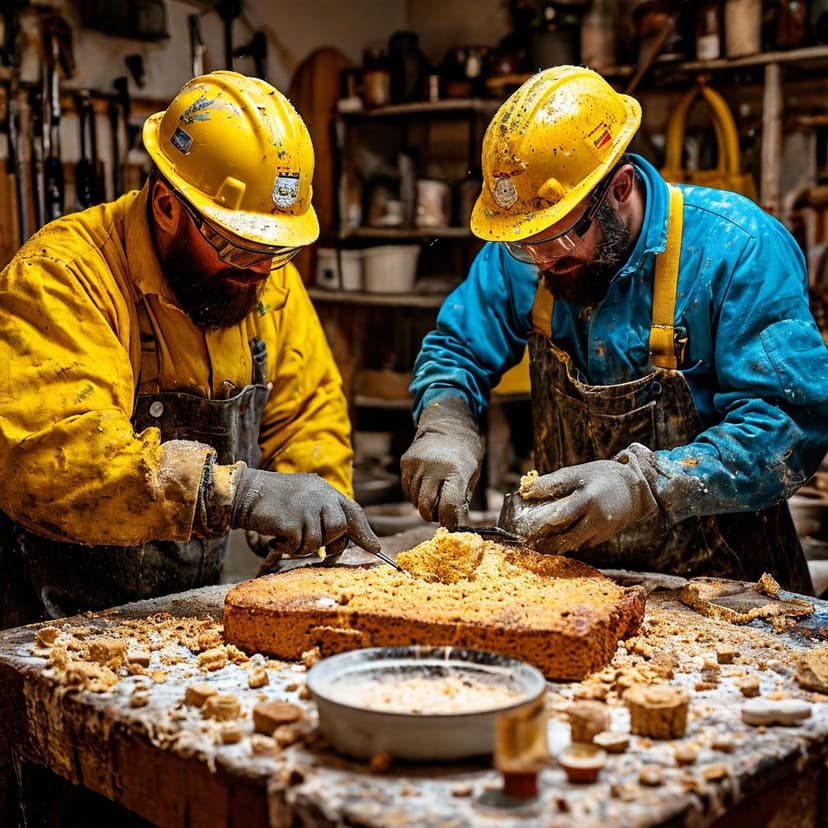Workers in safety gear meticulously repair a giant rusk on a messy breakfast table