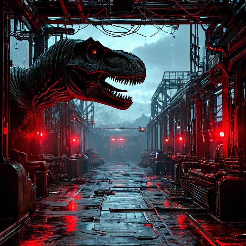 Containment breach! T-Rex silhouette triggers flashing red alarms on the sci-fi HUD