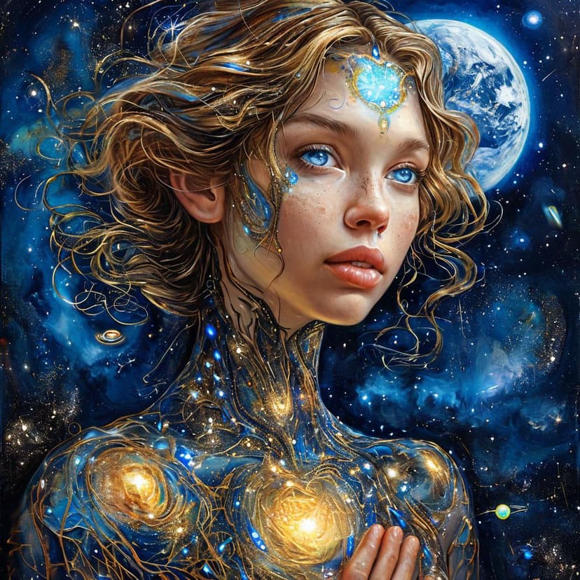 A celestial woman woven from galaxies