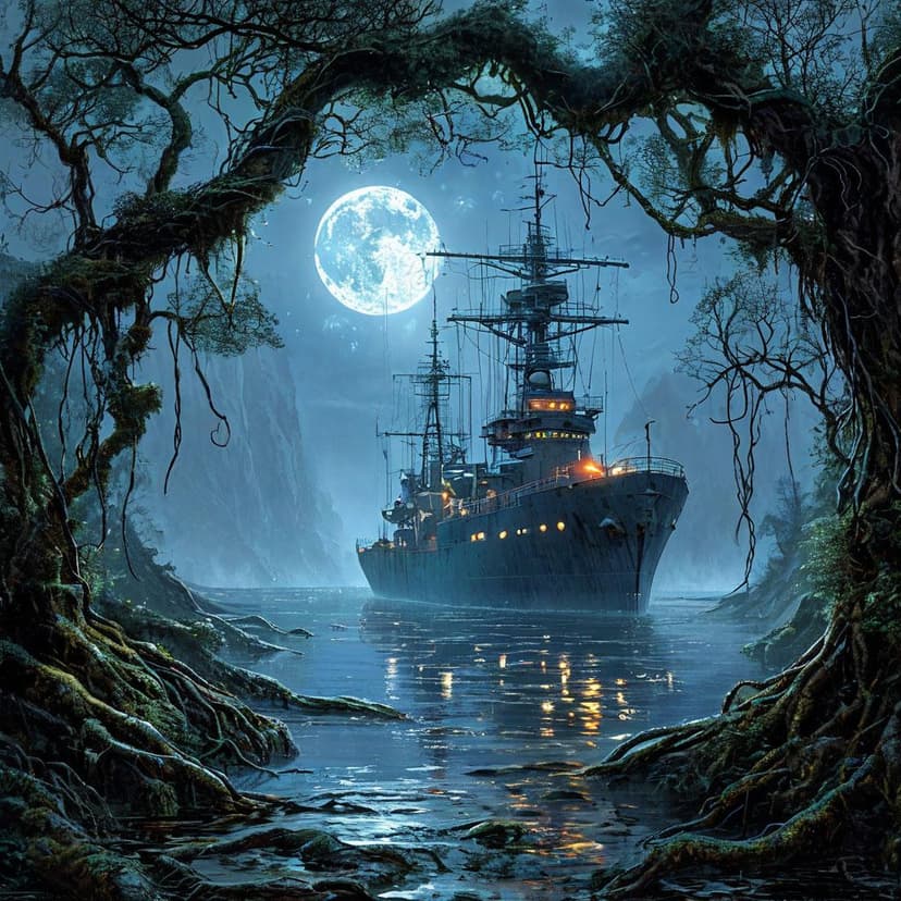 Serenity’s cargo bay glows in the misty moonlight