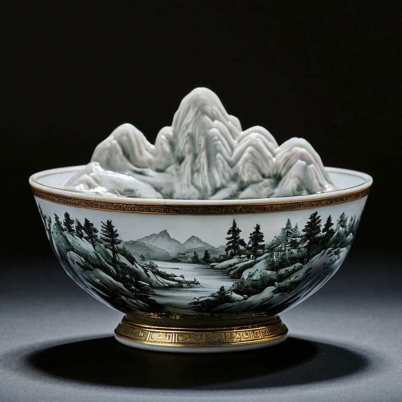 A miniature porcelain bowl depicts farmers amid misty peaks and streams