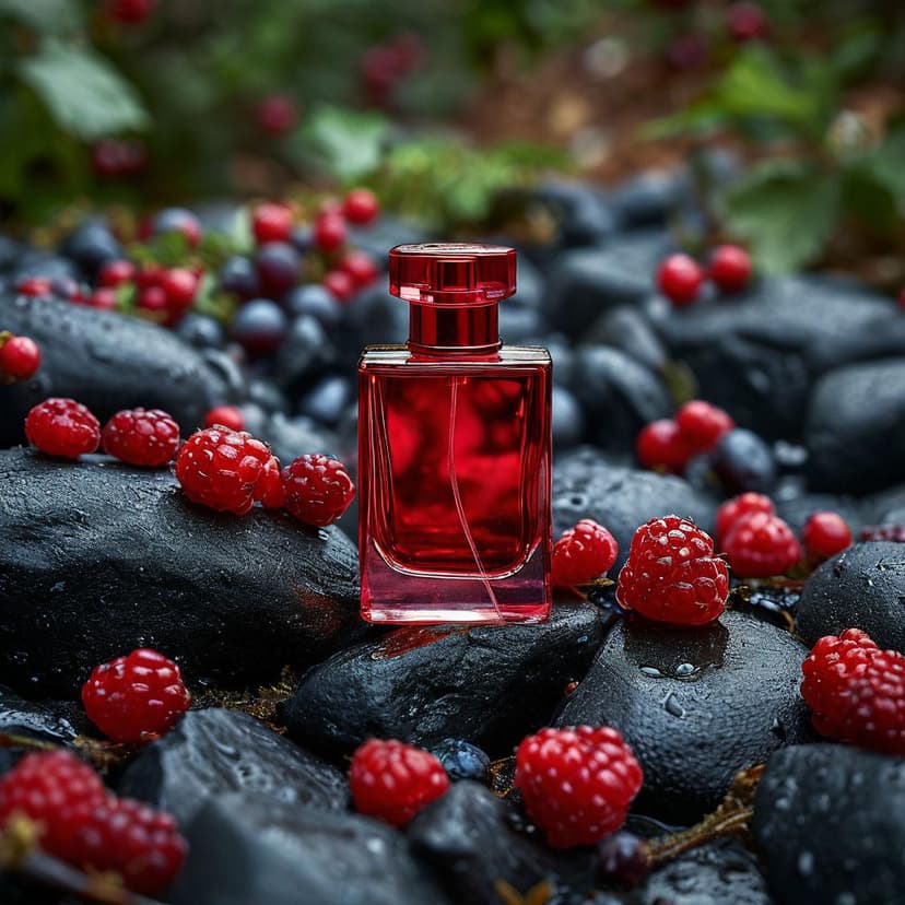 A sleek red perfume bottle rests on dark stones among forest berries