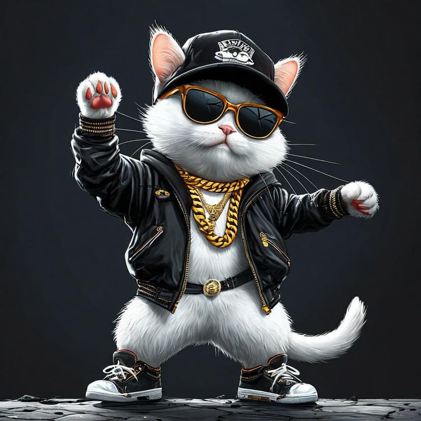 A sleek white cat rocks hip-hop style