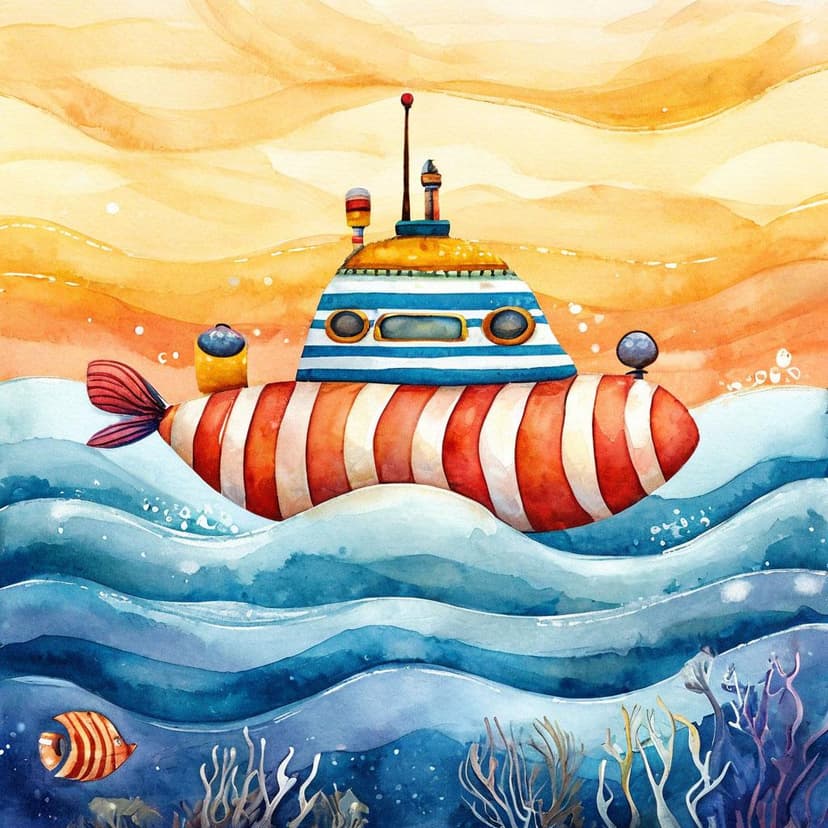 A cheerful striped submarine peeks through soft watercolor waves