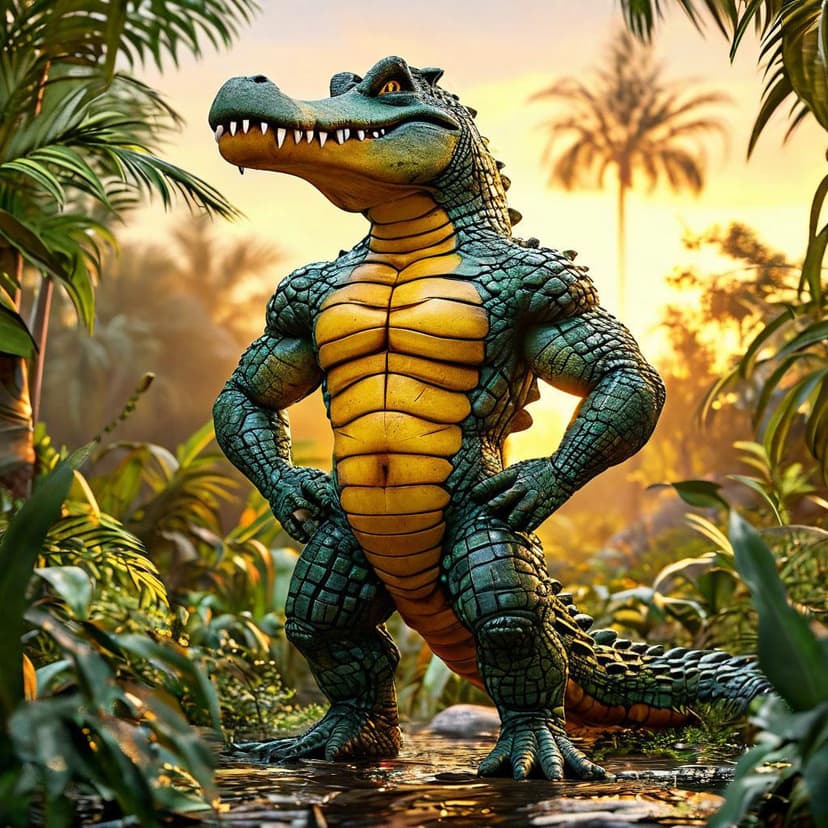 A buff crocodile-banana hybrid with scaly abs and banana legs strikes a bold pose in a tropical jungle at sunset