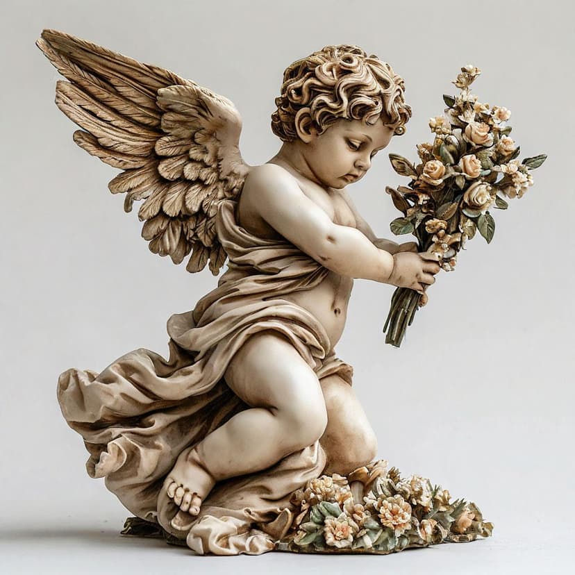 A cherub in Renaissance style drifts sideways