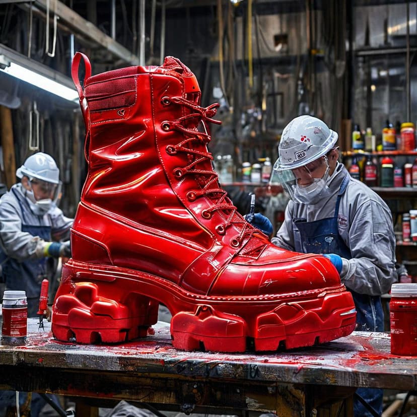 Tiny artisans in protective gear meticulously airbrush and detail a giant