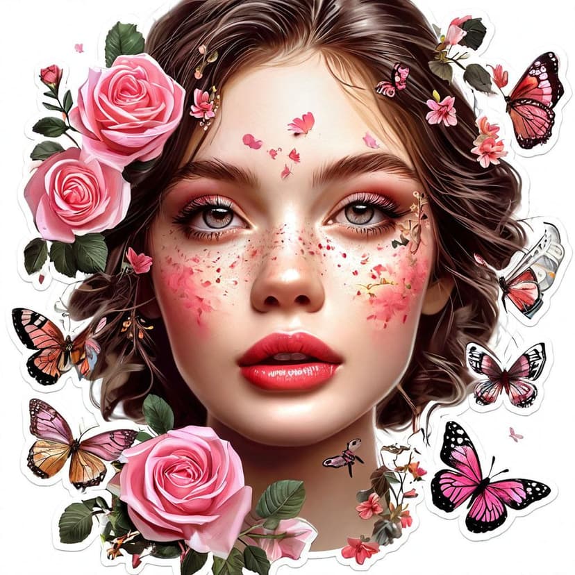 A sticker-style face is adorned with a pink rose garland