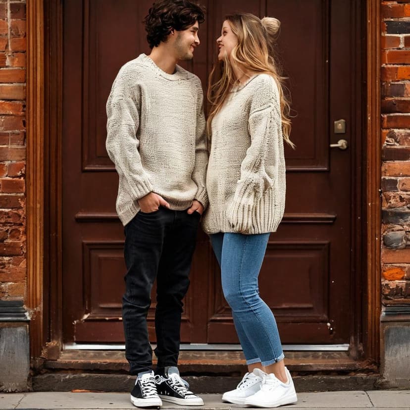 A cozy couple in sneakers and sweaters