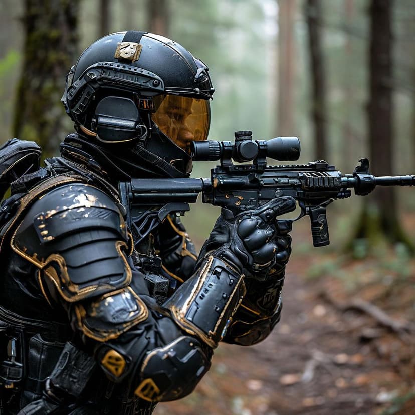 A soldier in black and gold armor peers through the scope of her sleek rifle on a shadowed forest trail
