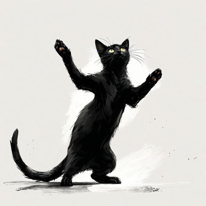 A minimalist digital illustration of a sleek black cat dancing playfully against a stark white background
