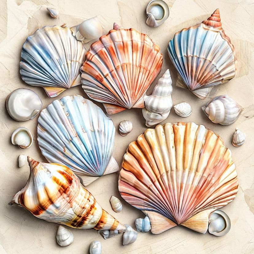 Delicate pastel seashells on cream paper