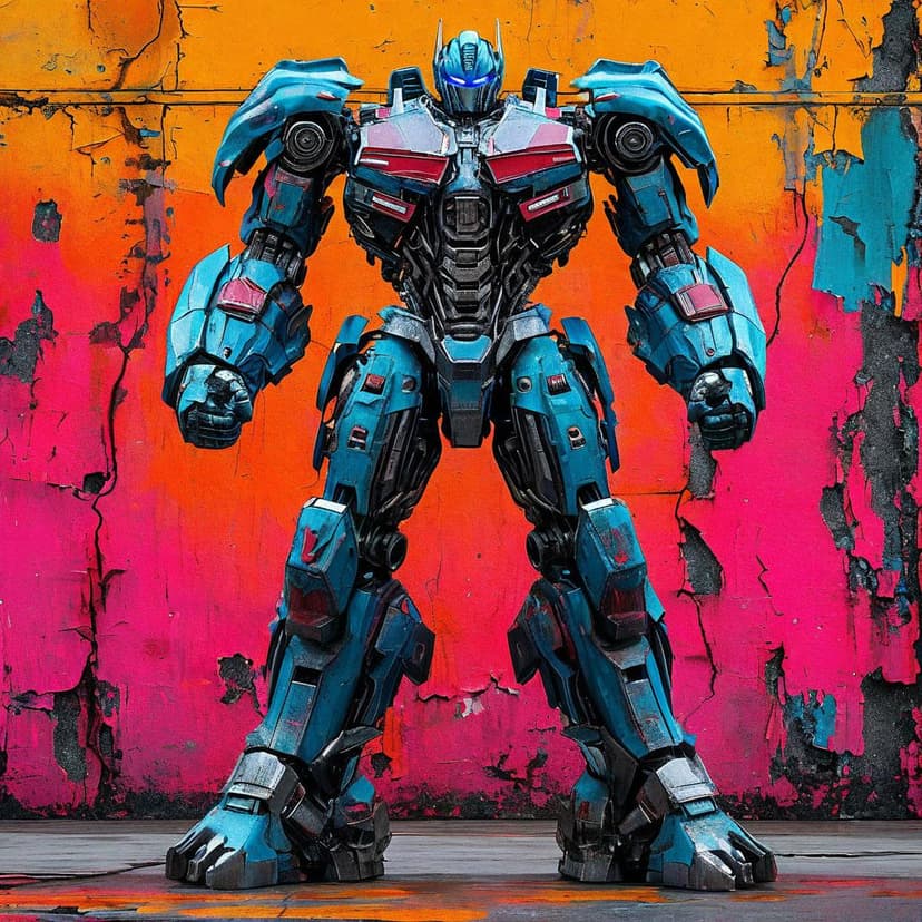A transformer strikes a dynamic full-body pose against a vibrant